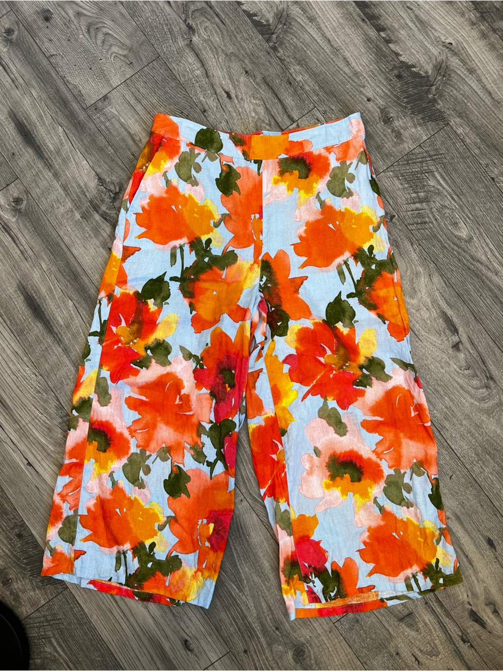 Joie Floral Orange Blue Linen Cropped Wide Leg Pull on Pants- XL